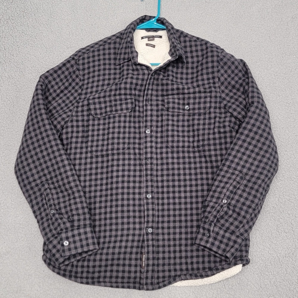 Michael Kors Shirt Mens Medium Gray Black Plaid Sherpa Lined Button Up Shacket